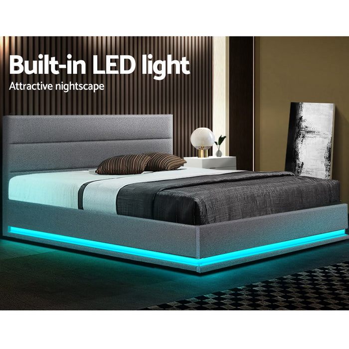 Artiss RGB LED Bed Frame Queen Size Gas Lift Base Storage Leather LUMI