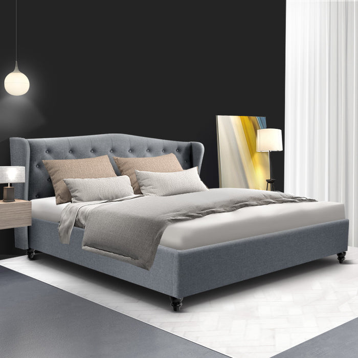 Artiss King Size Wooden Upholstered Bed Frame Headboard - Grey