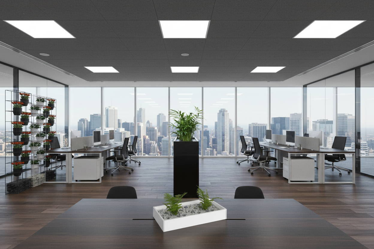 Vertical garden and planter box comparison for a modern office workspace