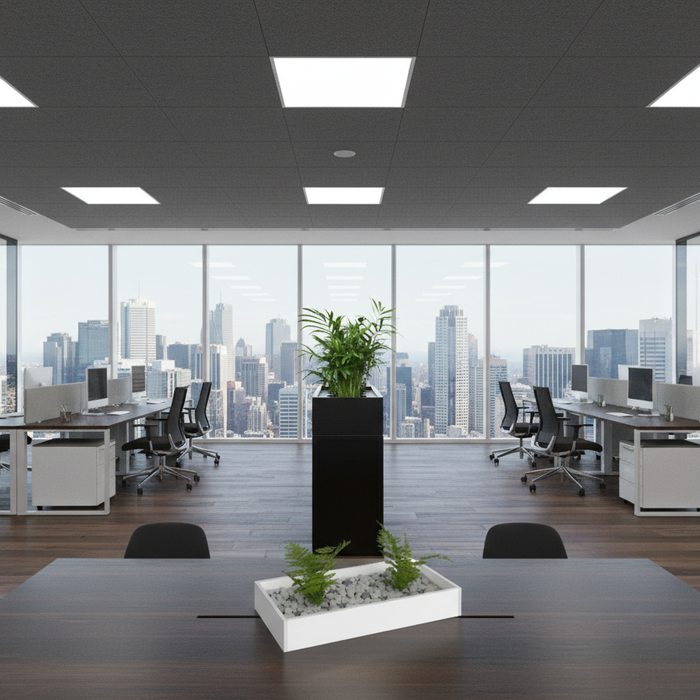 Vertical garden and planter box comparison for a modern office workspace