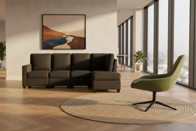 Sofa and lounge chair comparison for an office reception or breakout space