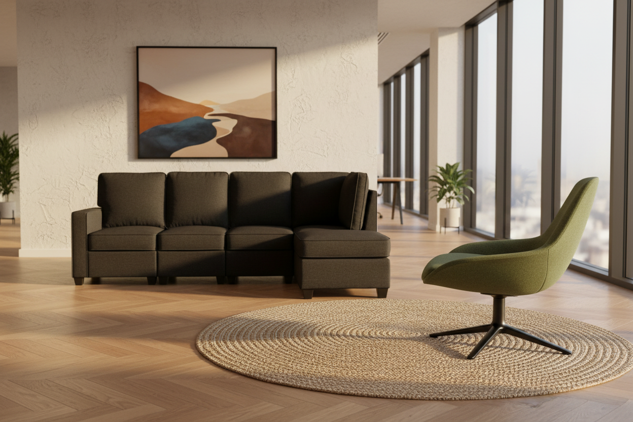 Sofa and lounge chair comparison for an office reception or breakout space