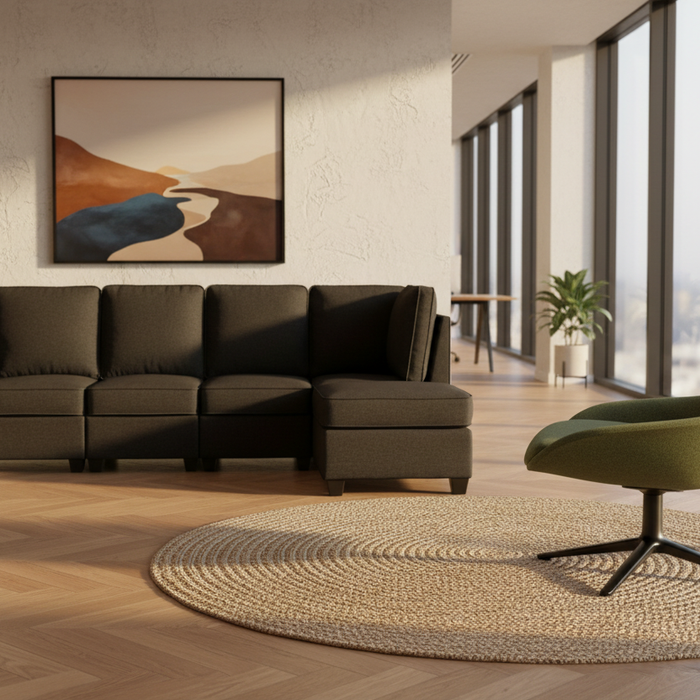 Sofa and lounge chair comparison for an office reception or breakout space