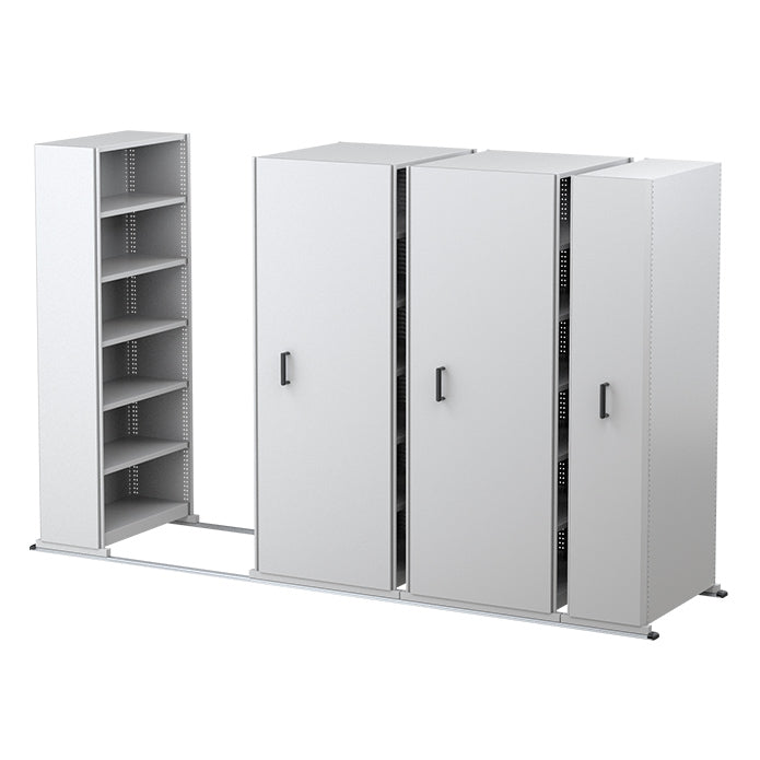 Ezi-Slide Aisle Saver Metal Storage Shelving 2175H x 900W x 400D 6 Bay inc. 5 Adjustable Shelves White Satin