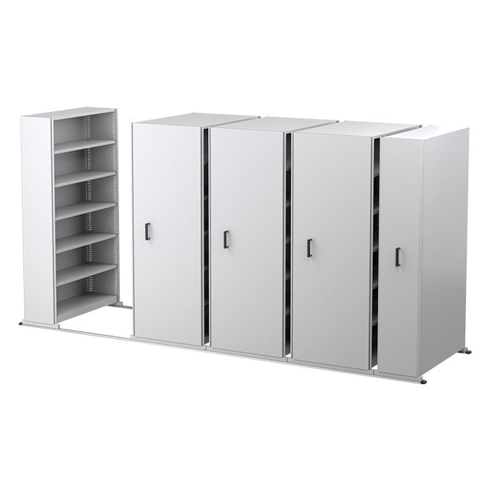 Ezi-Slide Aisle Saver Metal Storage Shelving 2175H x 1200W x 400D 8 Bay inc. 5 Adjustable Shelves White Satin