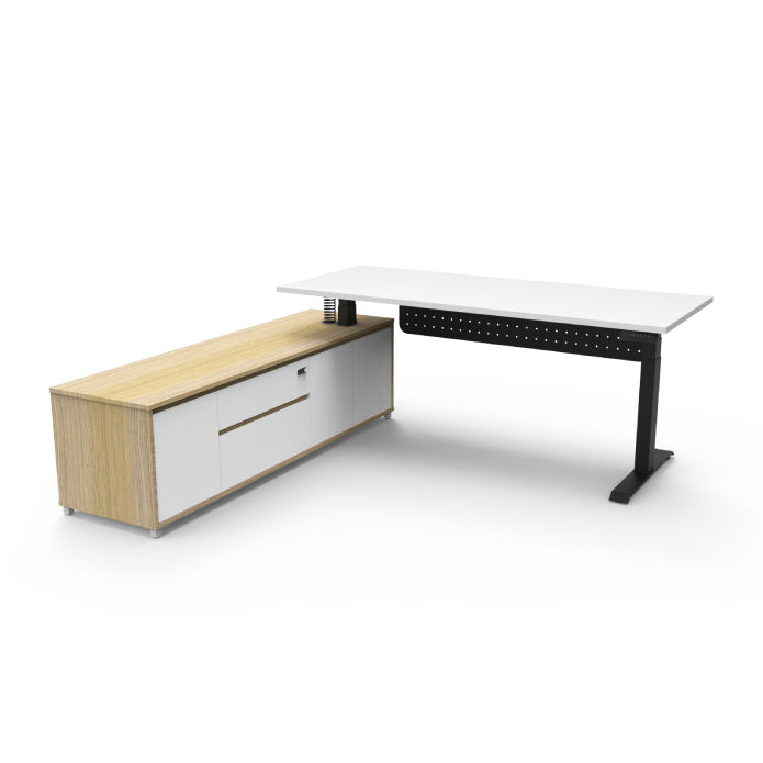 Boost Executive Desk Natural White Black P C Left Hand Side Cabinet with Modesty Panel