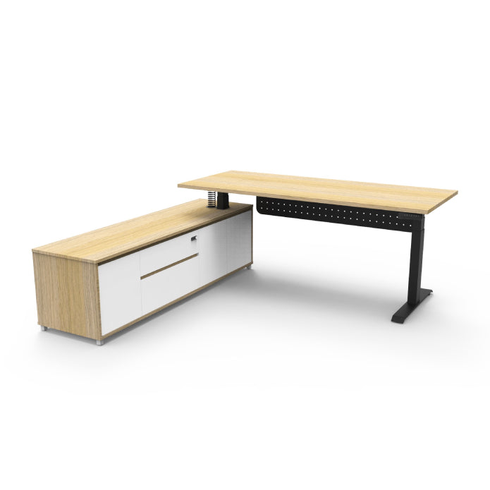 Boost Executive Desk Natural Oak Black P C Left Hand Side Cabinet with Modesty Panel