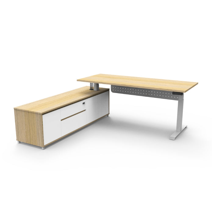 Boost Executive Desk Natural Oak White P C Left Hand Side Cabinet with Modesty Panel