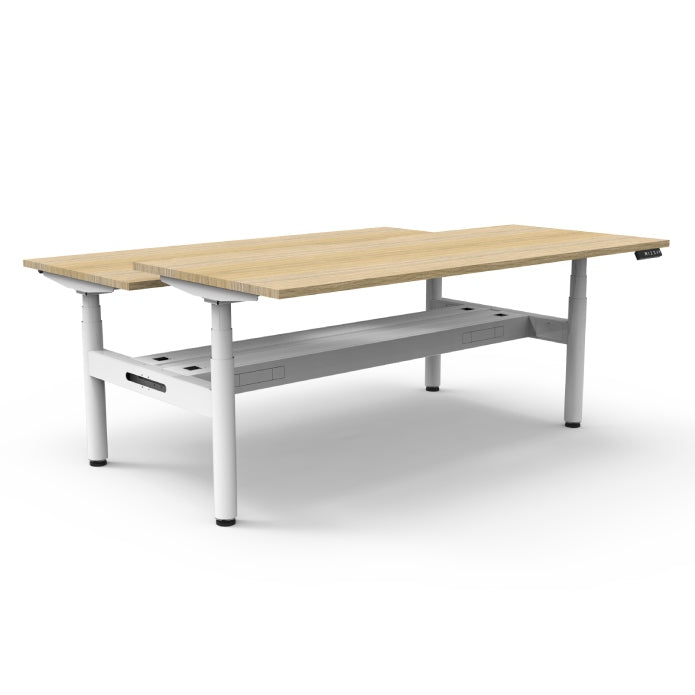 Rapidline Height Adjustable Halo+ Back to Back Workstation 1500mmX1500mm Natural Oak White satin With Cable Tray Without Screen