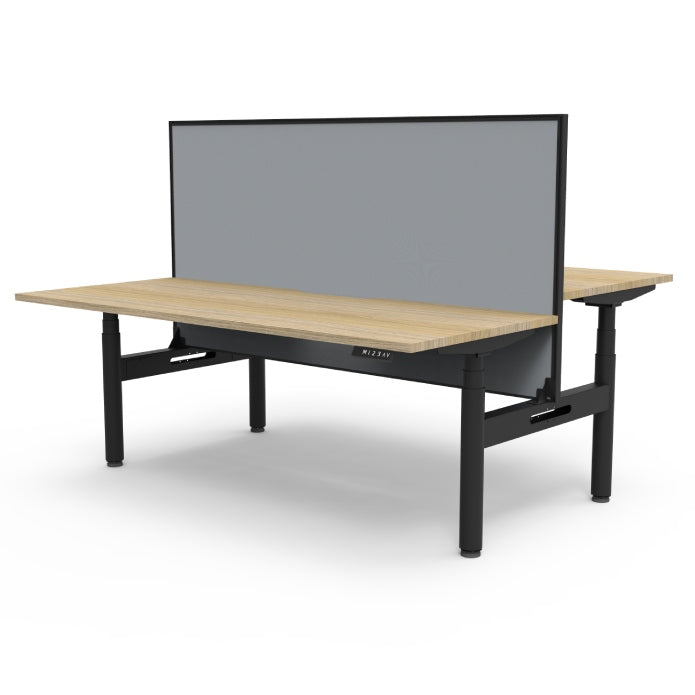 Rapidline Height Adjustable Halo+ Back to Back Workstation Natural Oak Black satin Without Cable Tray With Screen