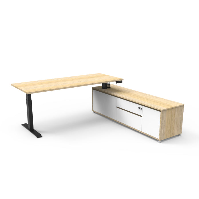Boost Executive Desk Natural Oak Black P C Right Hand Side Cabinet without Modesty Panel