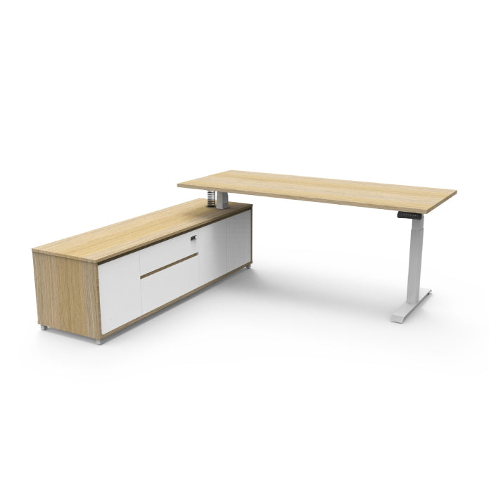 Boost Executive Desk Natural Oak White P C Left Hand Side Cabinet without Modesty Panel