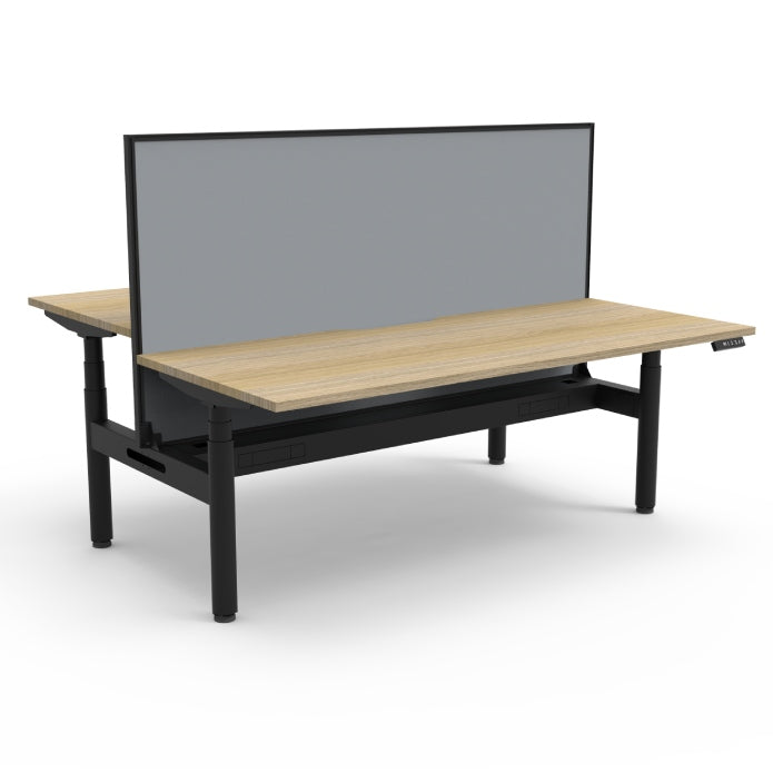 Rapidline Height Adjustable Halo+ Back to Back Workstation Natural Oak Black satin With Cable Tray With Screen