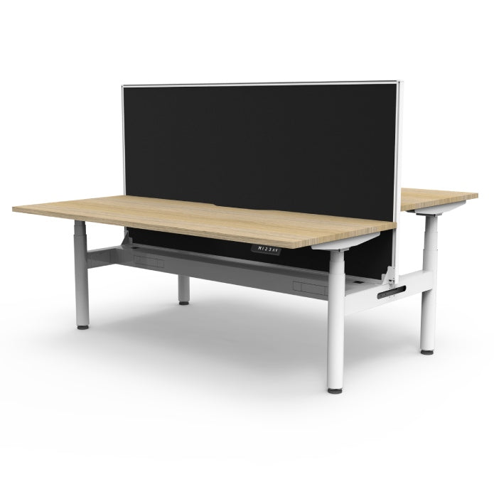 Rapidline Height Adjustable Halo+ Back to Back Workstation 1500mmX1500mm Natural Oak White satin With Cable Tray With Screen