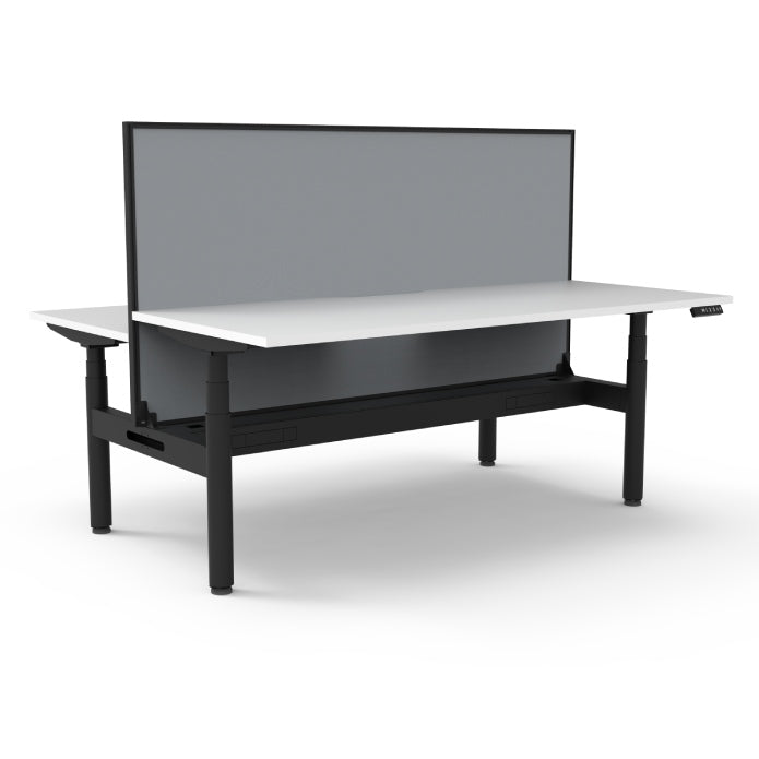 Rapidline Height Adjustable Halo+ Back to Back Workstation 1200mmX1500mm Natural White Black satin With Cable Tray With Screen