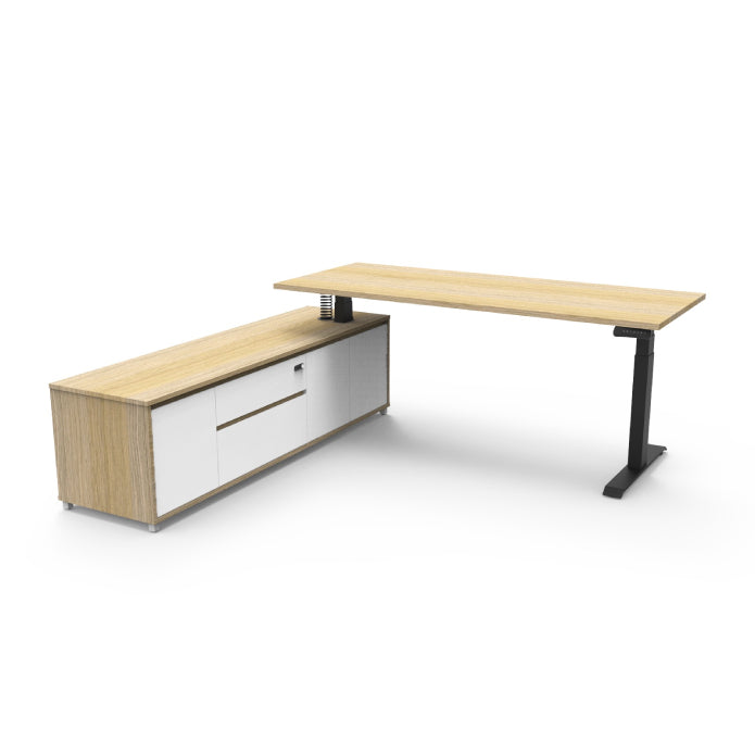Boost Executive Desk Natural Oak Black P C Left Hand Side Cabinet without Modesty Panel