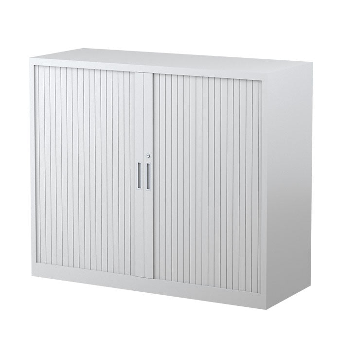 Steelco Tambour Door Cabinet 2 Shelves- 1015mm H x 1200mm W x 463D White Satin