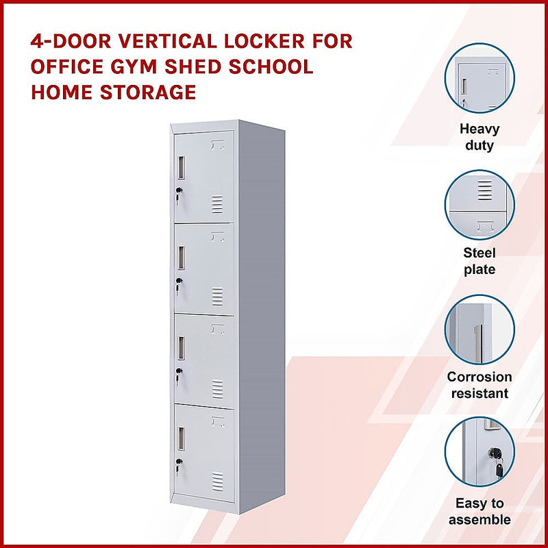 4-Door Vertical Locker for Office Gym Shed School Home Storage - Standard Lock with Keys