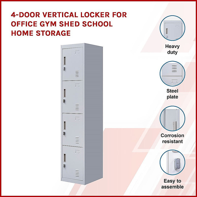 4-Door Vertical Locker for Office Gym Shed School Home Storage - Padlock-operated