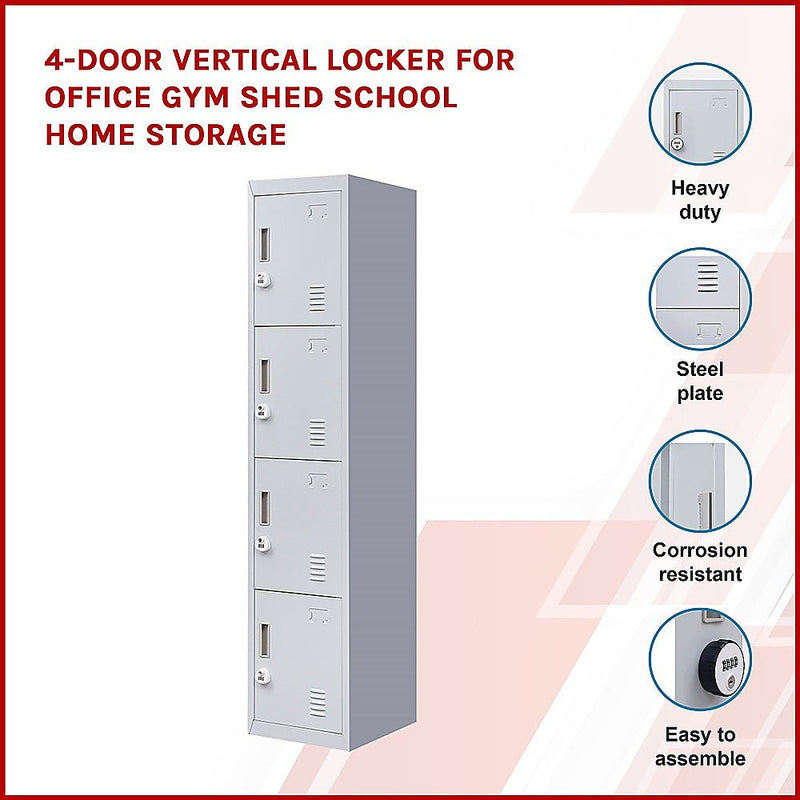4-Door Vertical Locker for Office Gym Shed School Home Storage - 3-Digit Combination Lock