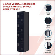 4-Door Vertical Locker for Office Gym Shed School Home Storage - Padlock-operated