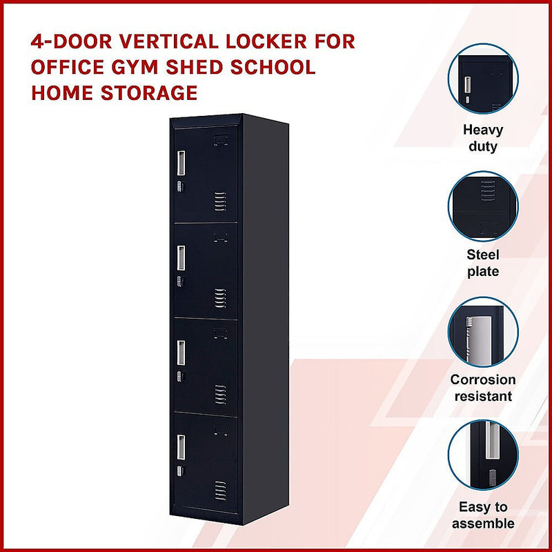 4-Door Vertical Locker for Office Gym Shed School Home Storage - Padlock-operated