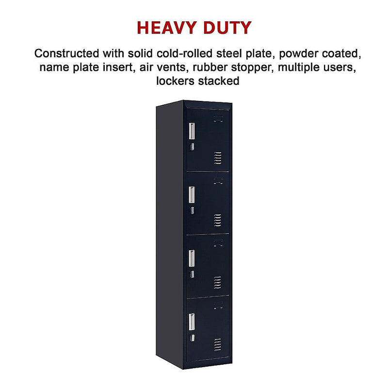 4-Door Vertical Locker for Office Gym Shed School Home Storage - Padlock-operated