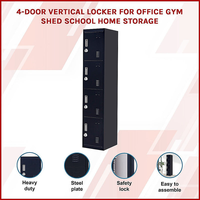 4-Door Vertical Locker for Office Gym Shed School Home Storage - 3-Digit Combination Lock