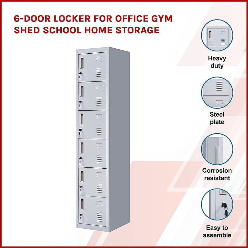 6-Door Locker for Office Gym Shed School Home Storage - Standard Lock with Keys