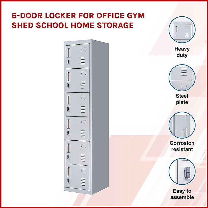 6-Door Locker for Office Gym Shed School Home Storage - Padlock-operated