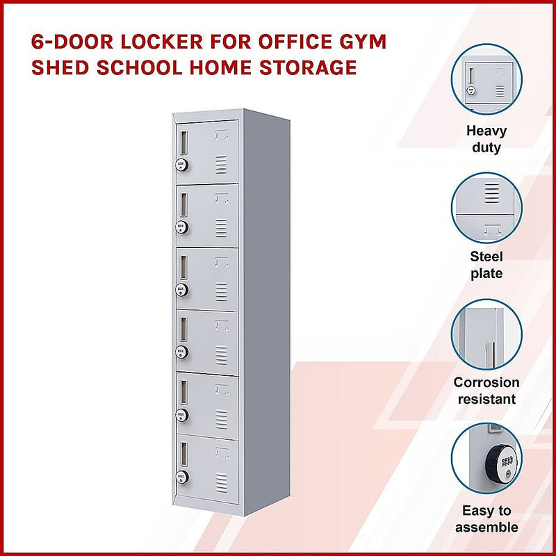 6-Door Locker for Office Gym Shed School Home Storage- 4-Digit Combination Lock