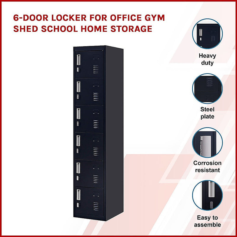 6-Door Locker for Office Gym Shed School Home Storage - Padlock-operated
