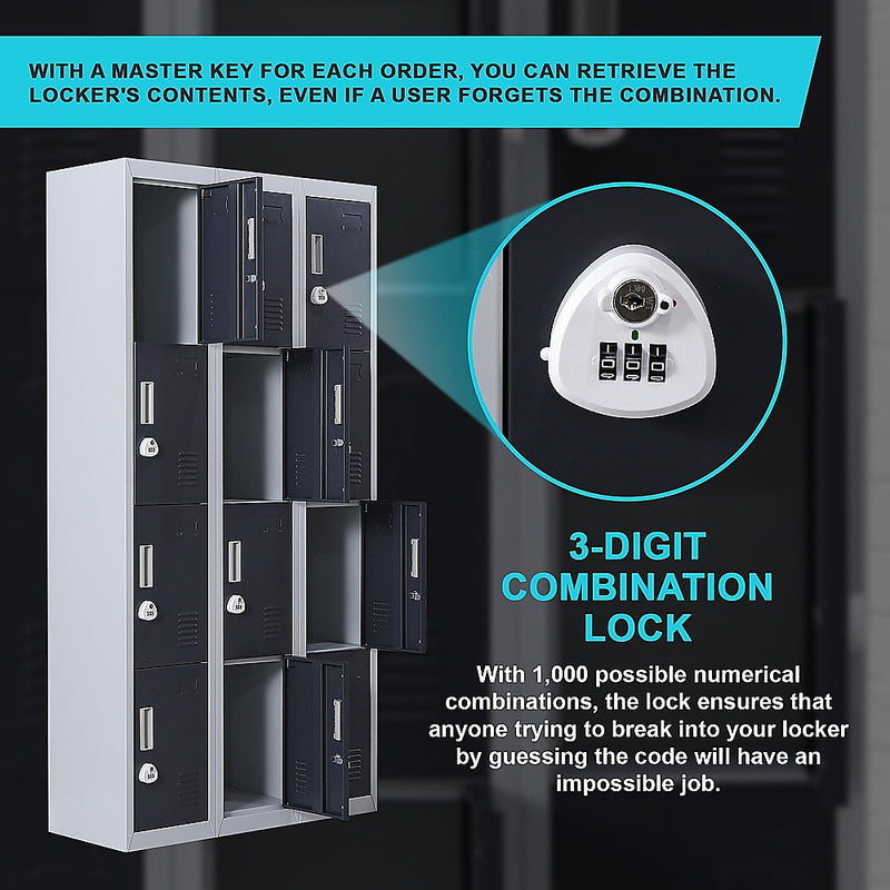 12-Door Locker for Office Gym Shed School Home Storage- 4-Digit Combination Lock