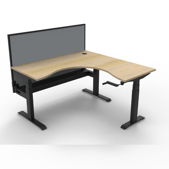 Boost Crank Corner Workstation With Cable Tray With Screen Natural Oak Top & Black Satin Frame