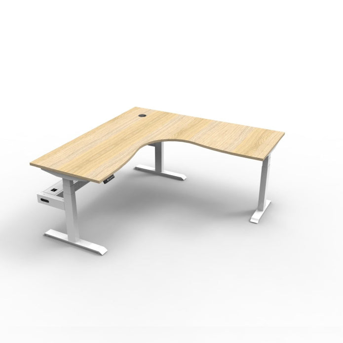 Boost+ Corner Workstation 1500mm W x 1500mm W x 750mm D Natural Oak Top &amp; White Satin Frame With Cable Tray Without Screen