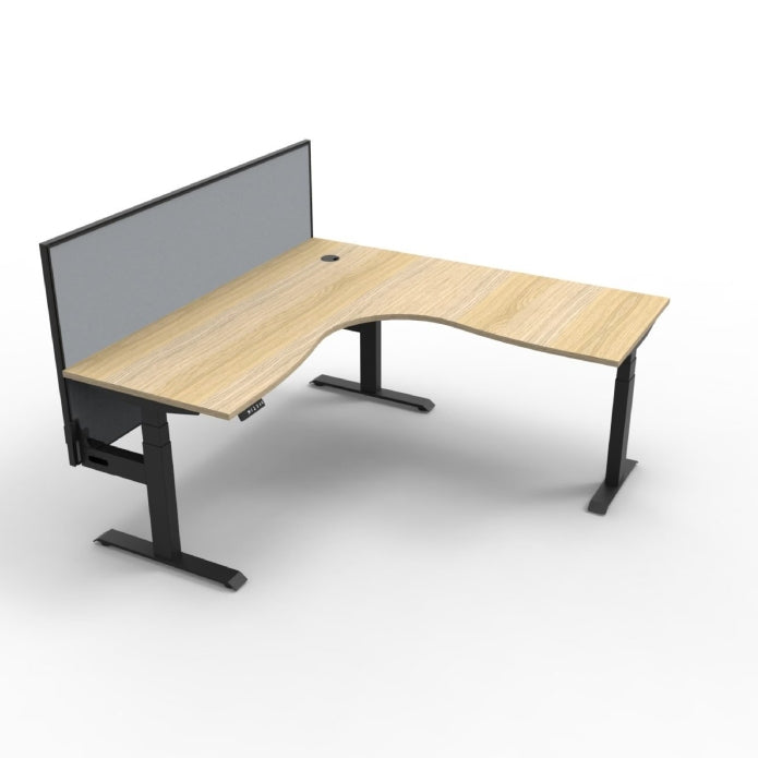Boost+ Corner Workstation 1500mm W x 1500mm W x 750mm D Natural Oak Top &amp; Black Satin Frame Without Cable Tray With Screen
