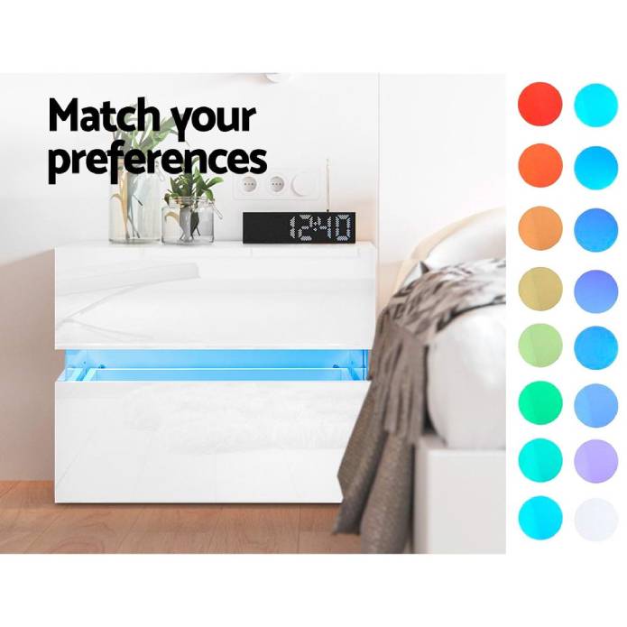 Artiss Bedside Table 2 Drawers RGB LED Side Nightstand High Gloss Cabinet