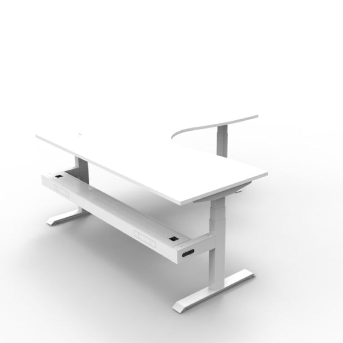 Boost+ Corner Workstation 1800mm W x 1800mm W x 750mm D Natural White Top &amp; White Satin Frame With Cable Tray Without Screen