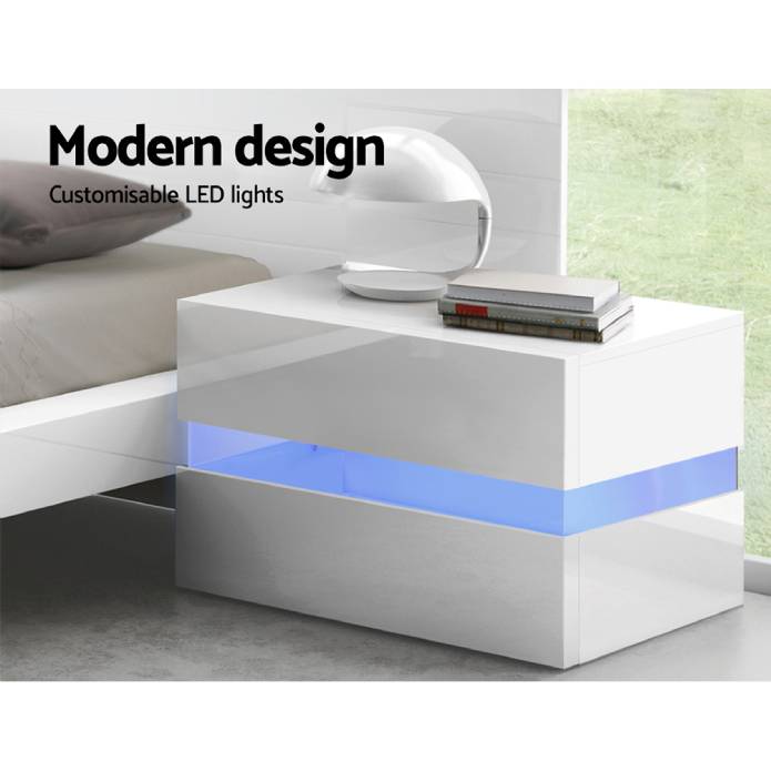 Artiss Bedside Table 2 Drawers RGB LED Side Nightstand High Gloss Cabinet