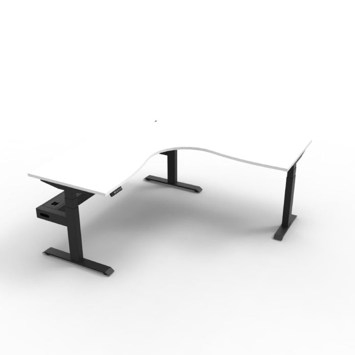 Boost+ Corner Workstation 1500mm W x 1500mm W x 750mm D Natural White Top &amp; Black Satin Frame With Cable Tray Without Screen