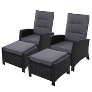Set of 2 Sun lounge Recliner Chair Wicker Lounger Sofa Day Bed Outdoor Chairs Patio Furniture Garden Cushion Ottoman Gardeon Black