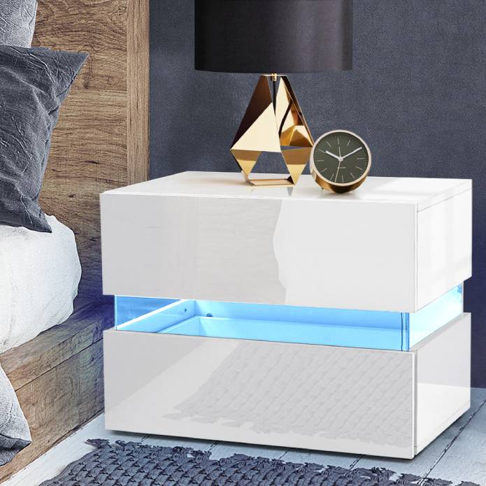 Artiss Bedside Table 2 Drawers RGB LED Side Nightstand High Gloss Cabinet
