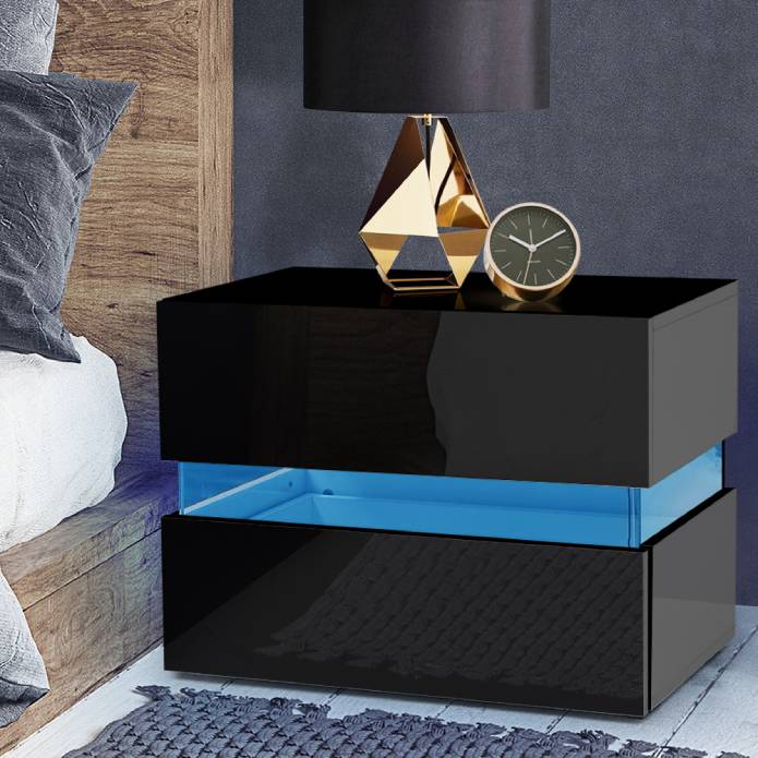 Artiss Bedside Table 2 Drawers RGB LED Side Nightstand High Gloss Cabinet