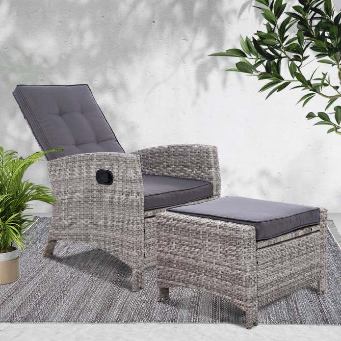 Sun lounge Recliner Chair Wicker Lounger Sofa Day Bed Outdoor Furniture Patio Garden Cushion Ottoman  Gardeon