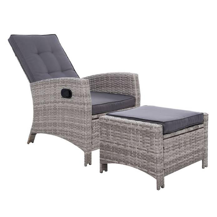 Sun lounge Recliner Chair Wicker Lounger Sofa Day Bed Outdoor Furniture Patio Garden Cushion Ottoman Gardeon Grey