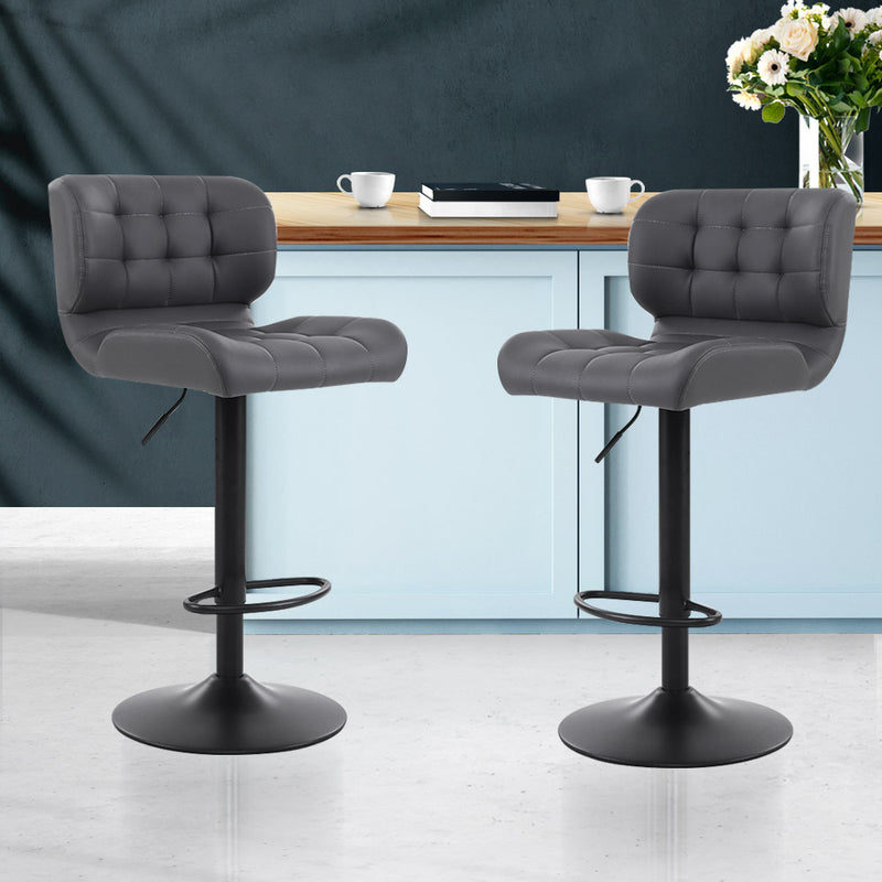 Artiss Set of 2 Kitchen Bar Stools Gas Lift Bar Stool Chairs Swivel Pu Leather Black Grey