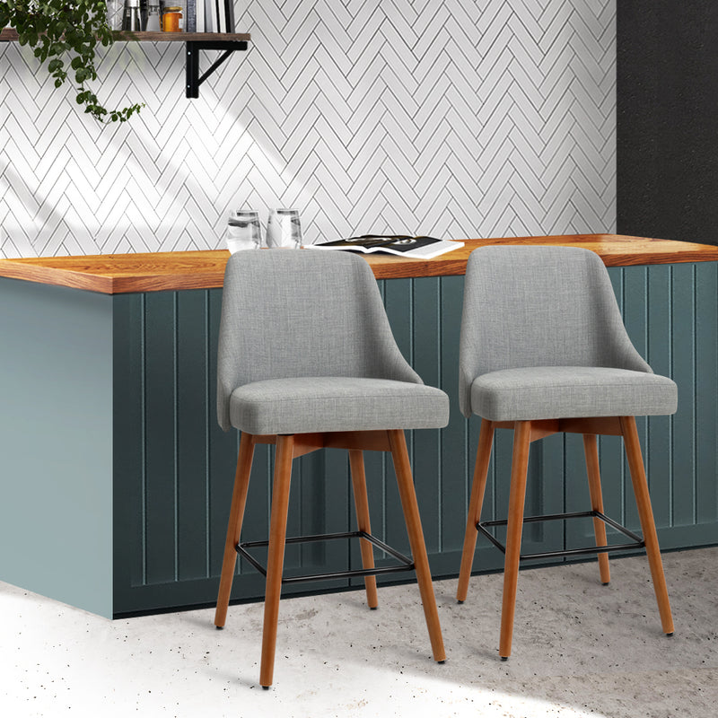 Artiss Set of 2 Wooden Bar Stools Swivel Bar Stool Kitchen Cafe Fabric Light Grey