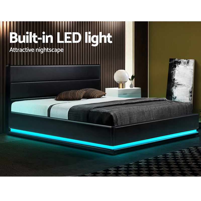 Artiss RGB LED Bed Frame King Size Gas Lift Base Storage Leather LUMI
