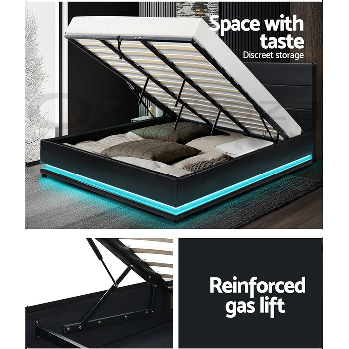 Artiss RGB LED Bed Frame King Size Gas Lift Base Storage Leather LUMI
