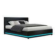 Artiss RGB LED Bed Frame Queen Size Gas Lift Base Storage Leather LUMI Black